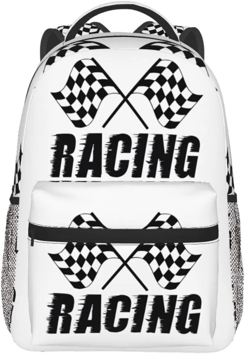 Checkered Racing Race Flag Backpack Casual Pack Bag Laptop Backpack With Side Pocket Front Zipper Pocket Bookpack Travel Daypack Picnic Rucksack
