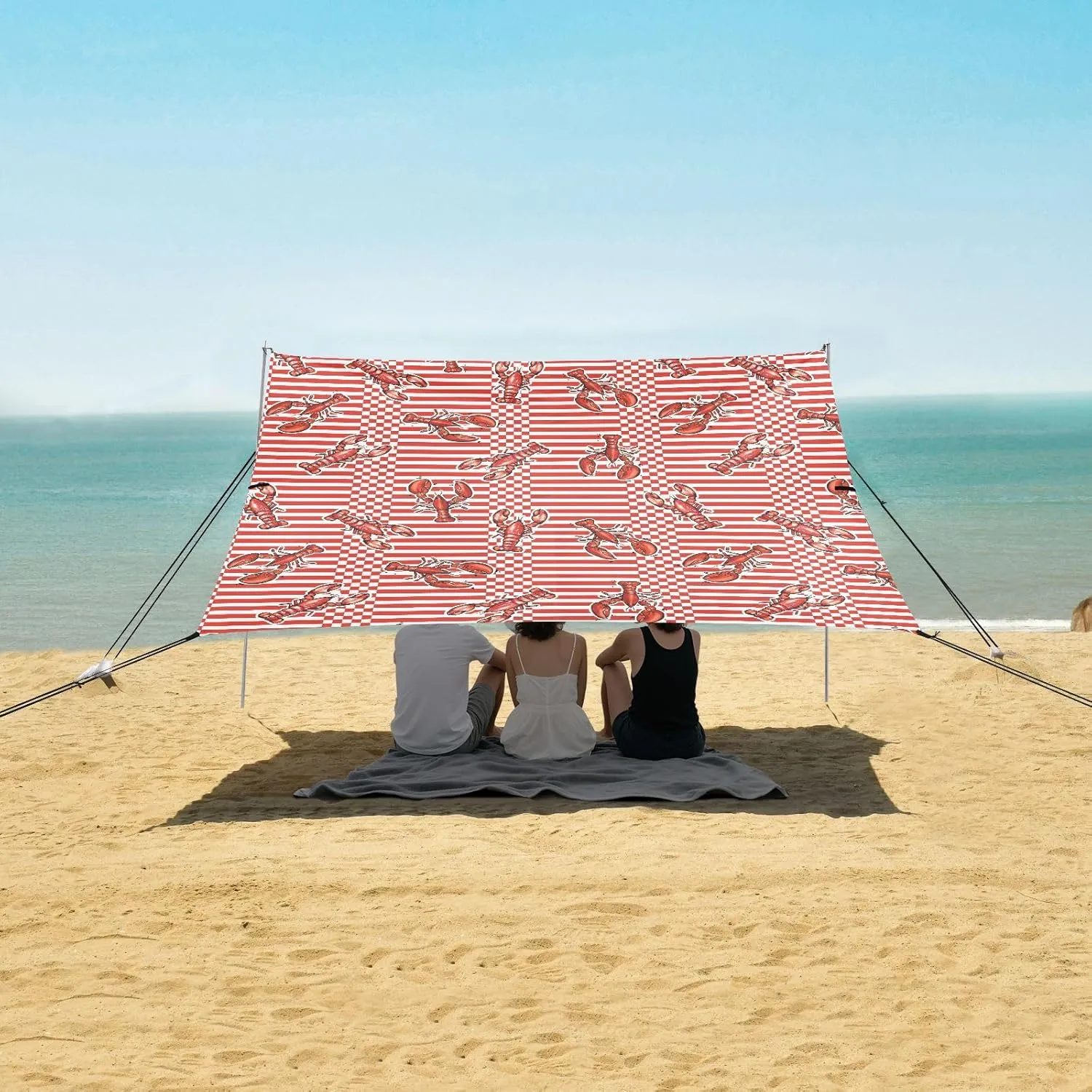 Checkered with Lobster Colorful Beach Camping Tent Sun Shelter for Whole Family, Beach Shade Canopy with UPF50  UV Protection,Easy Set Up and Carry,Outdoor Shade for Trips, Fishing, Backyard Fu