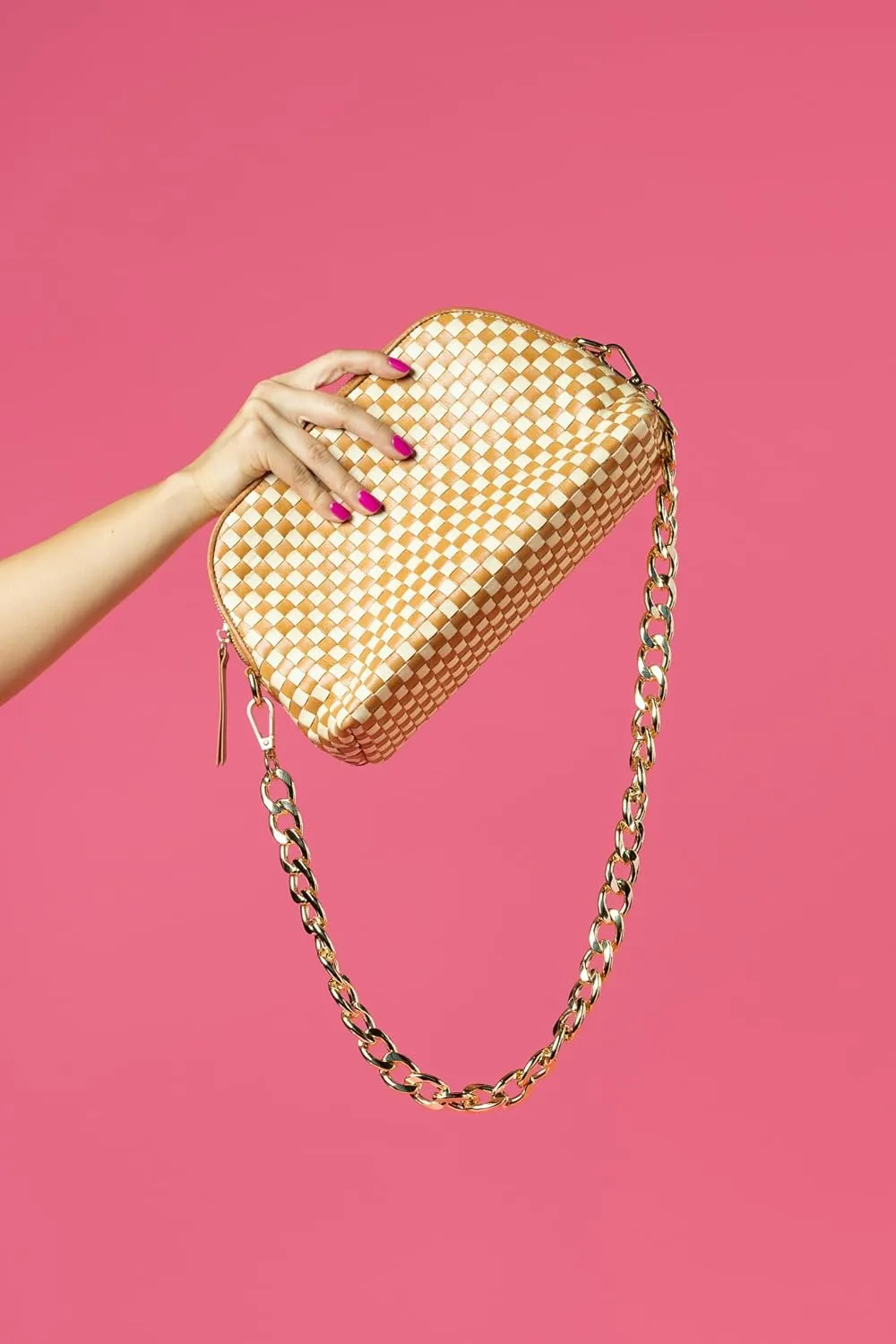 CHEVAUX Leather Woven Checkered Bag, Chambray Lined (Shoulder Bag w/Crossbody Option, Cream & Tan)