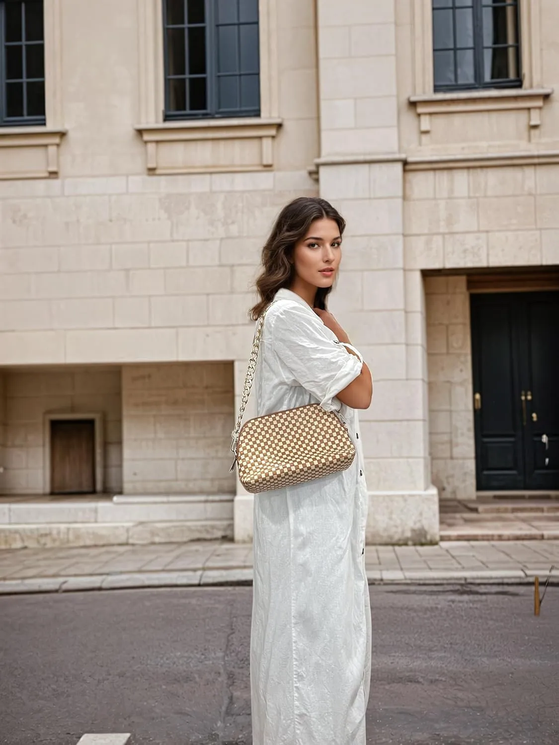 CHEVAUX Leather Woven Checkered Bag, Chambray Lined (Shoulder Bag w/Crossbody Option, Cream & Tan)
