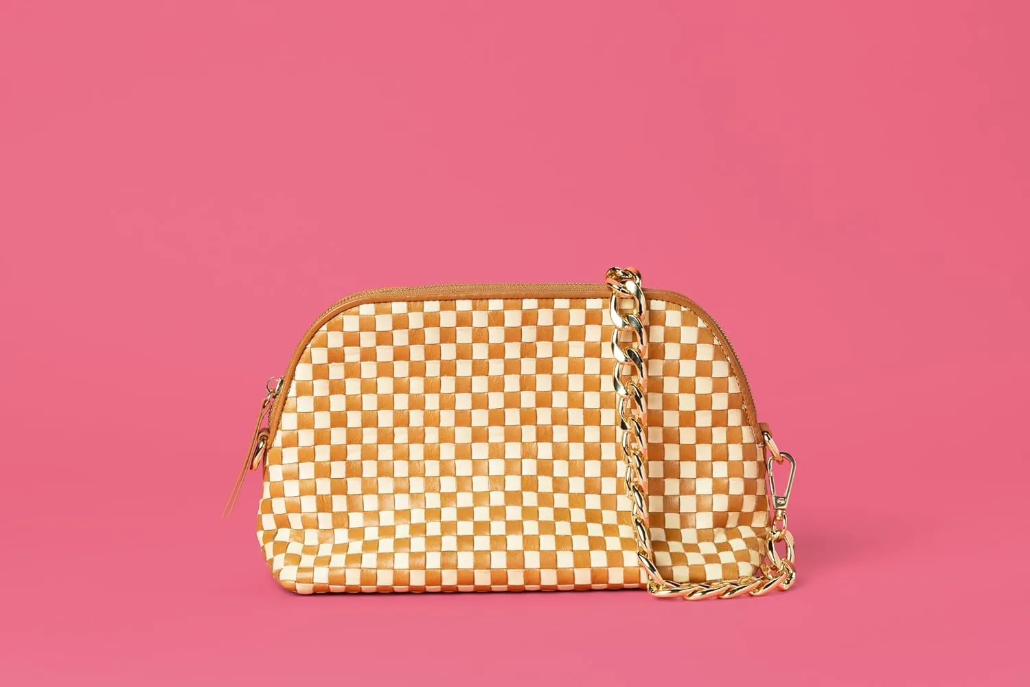 CHEVAUX Leather Woven Checkered Bag, Chambray Lined (Shoulder Bag w/Crossbody Option, Cream & Tan)