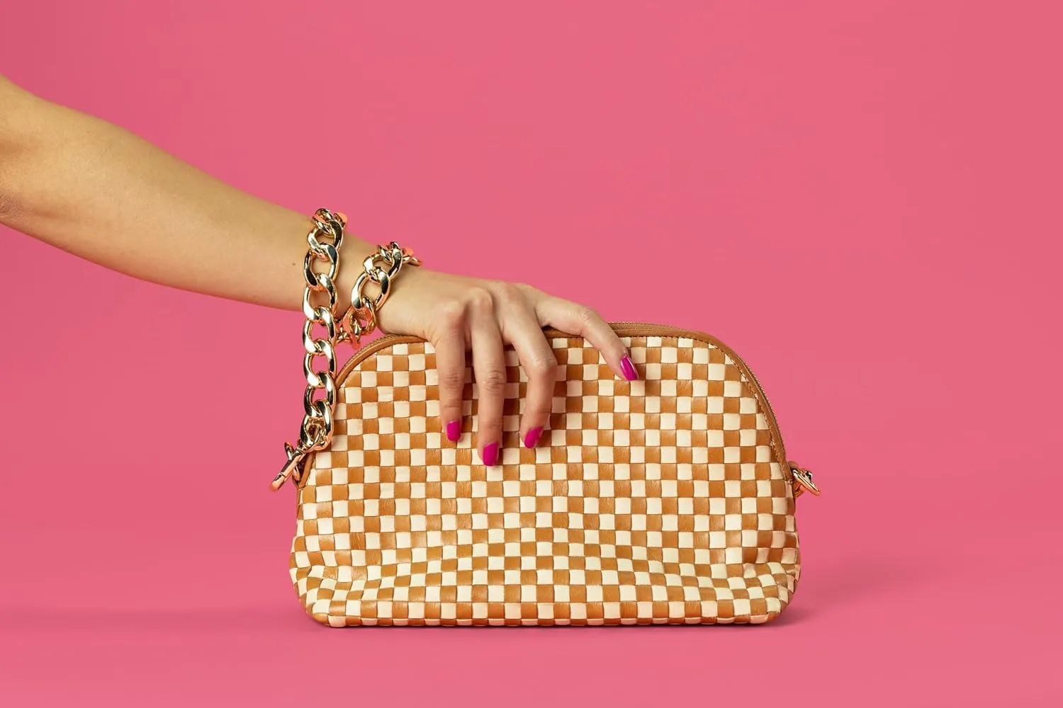 CHEVAUX Leather Woven Checkered Bag, Chambray Lined (Shoulder Bag w/Crossbody Option, Cream & Tan)