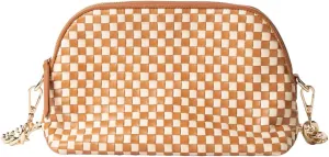 CHEVAUX Leather Woven Checkered Bag, Chambray Lined (Shoulder Bag w/Crossbody Option, Cream & Tan)