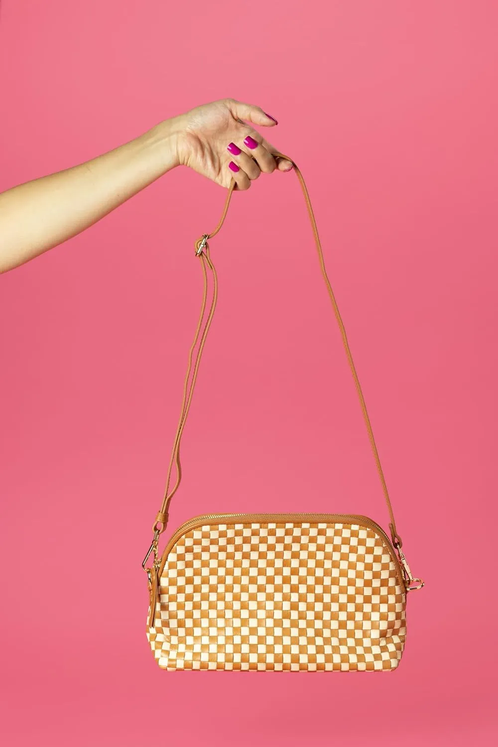CHEVAUX Leather Woven Checkered Bag, Chambray Lined (Shoulder Bag w/Crossbody Option, Cream & Tan)