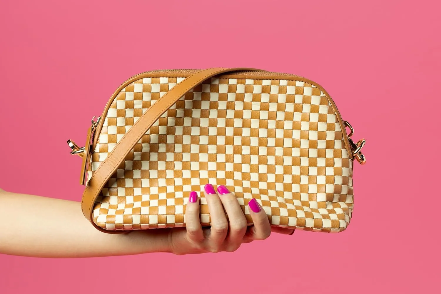 CHEVAUX Leather Woven Checkered Bag, Chambray Lined (Shoulder Bag w/Crossbody Option, Cream & Tan)