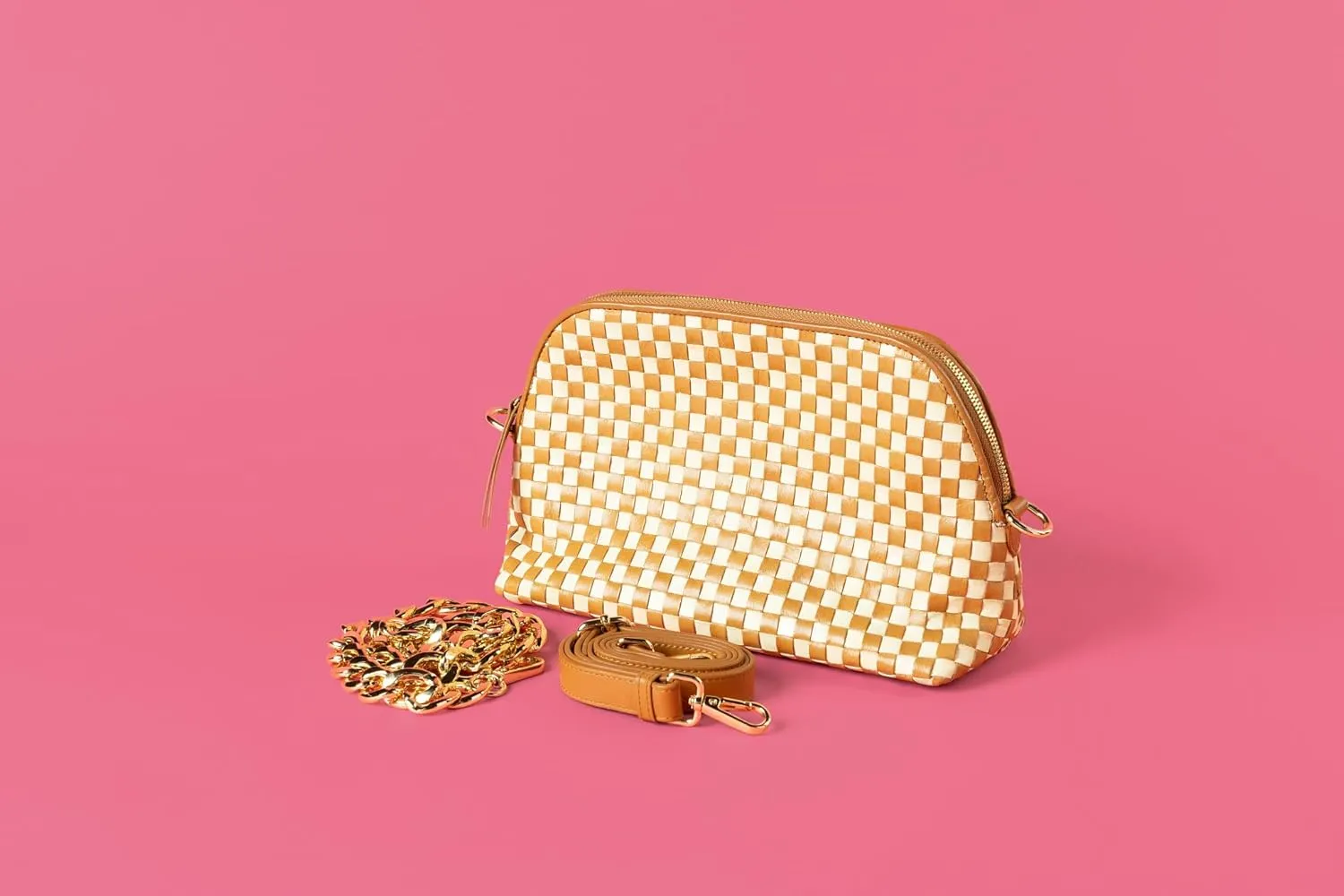 CHEVAUX Leather Woven Checkered Bag, Chambray Lined (Shoulder Bag w/Crossbody Option, Cream & Tan)