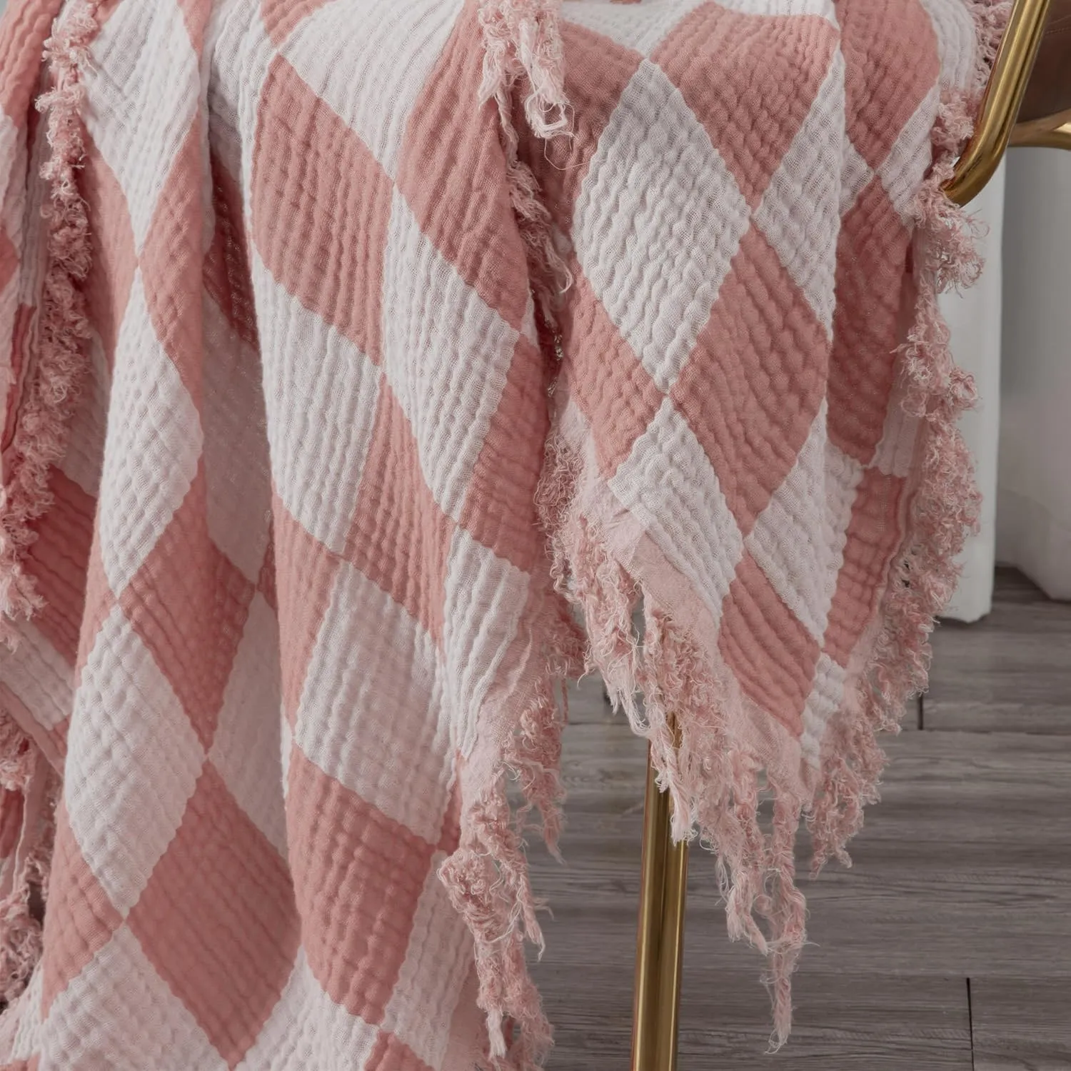 Chezmoi Collection Kendall Checkered Cotton Muslin Throw Blanket 50" W x 60" L, Knit Woven Gauze Blanket with Frayed Tassels for Bed Couch Travel Lightweight Breathable Cozy Throw, Dusty Rose/White