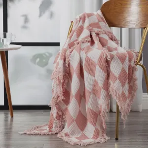 Chezmoi Collection Kendall Checkered Cotton Muslin Throw Blanket 50" W x 60" L, Knit Woven Gauze Blanket with Frayed Tassels for Bed Couch Travel Lightweight Breathable Cozy Throw, Dusty Rose/White