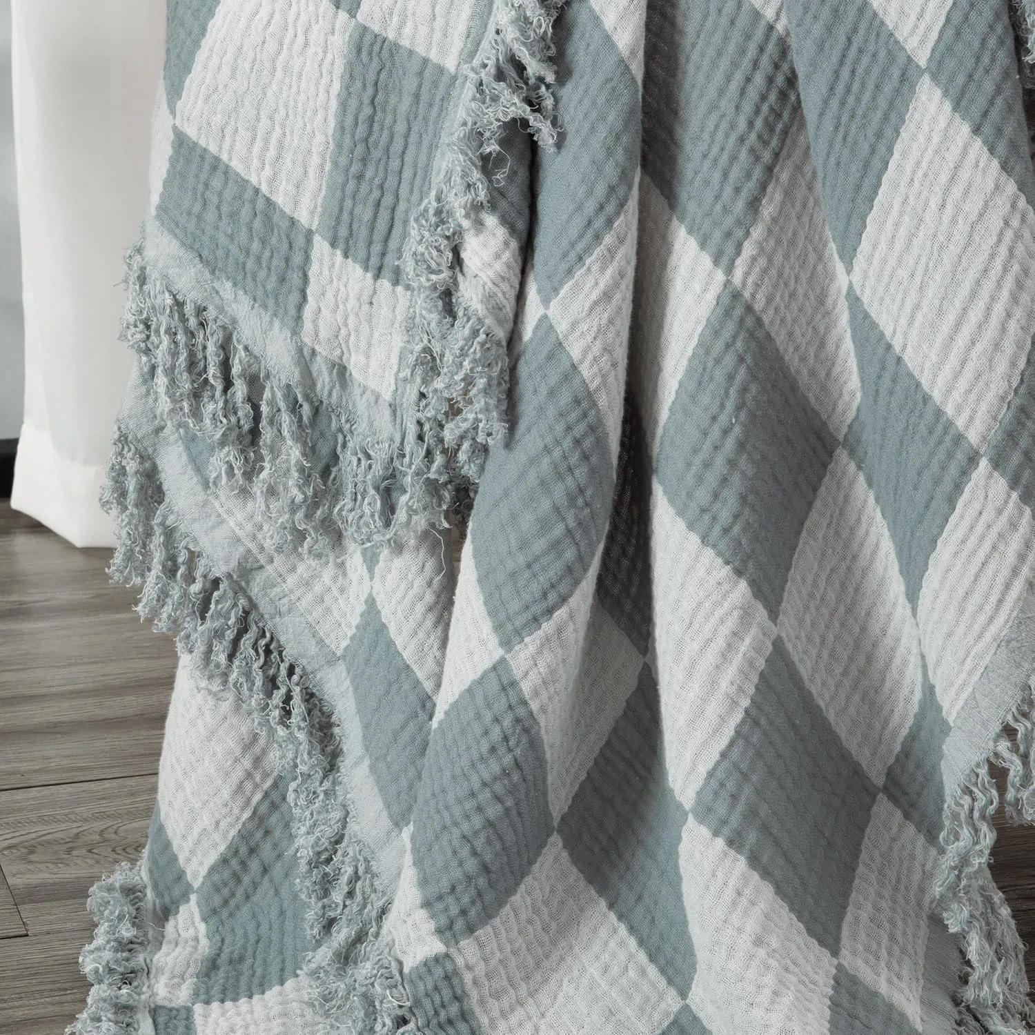 Chezmoi Collection Kendall Checkered Cotton Muslin Throw Blanket 50" W x 60" L, Knit Woven Gauze Blanket with Frayed Tassels for Bed Couch Travel Lightweight Breathable Cozy Throw, Gray/White