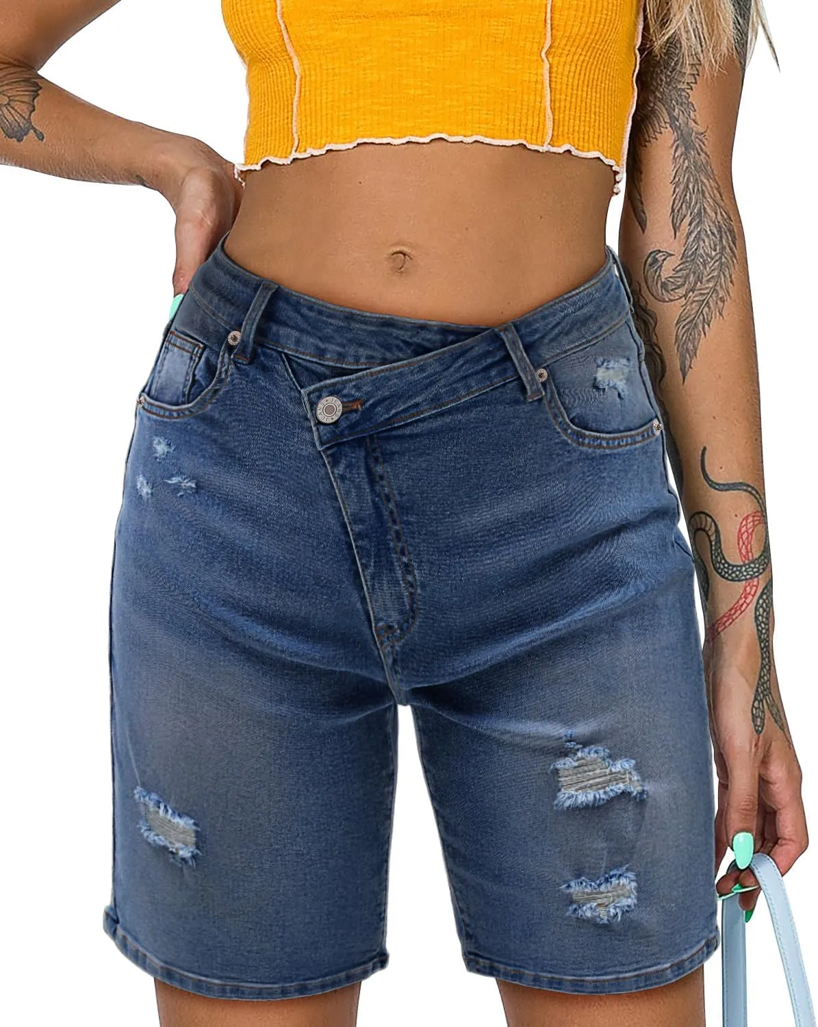 CHICZONE Womens Bermuda Jean Shorts Stretchy Mid Waisted Denim Shorts with Pockets