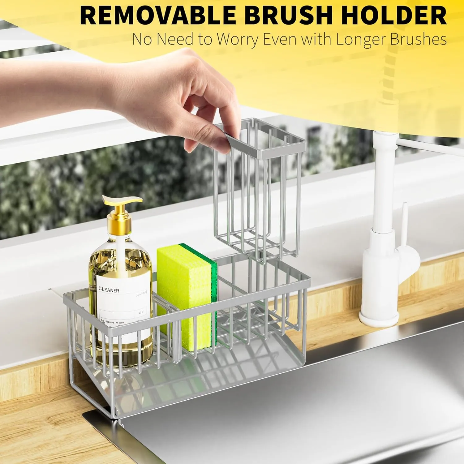 Cisily Kitchen Sink Caddy, Sponge Holder for Kitchen Sink, Kitchen Sink Organzier and Storage with High Brush Holder, 304 Stainless Kitchen Gadgets Sink Accessories, Organizadores de Cocina Grey