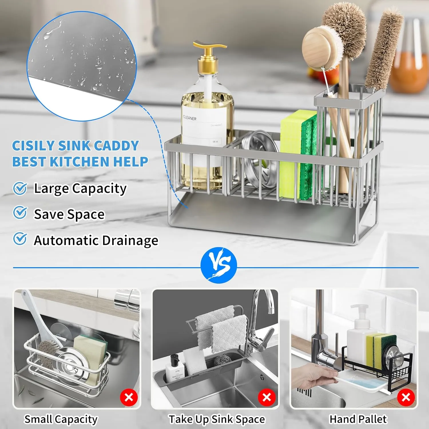 Cisily Kitchen Sink Caddy, Sponge Holder for Kitchen Sink, Kitchen Sink Organzier and Storage with High Brush Holder, 304 Stainless Kitchen Gadgets Sink Accessories, Organizadores de Cocina Grey