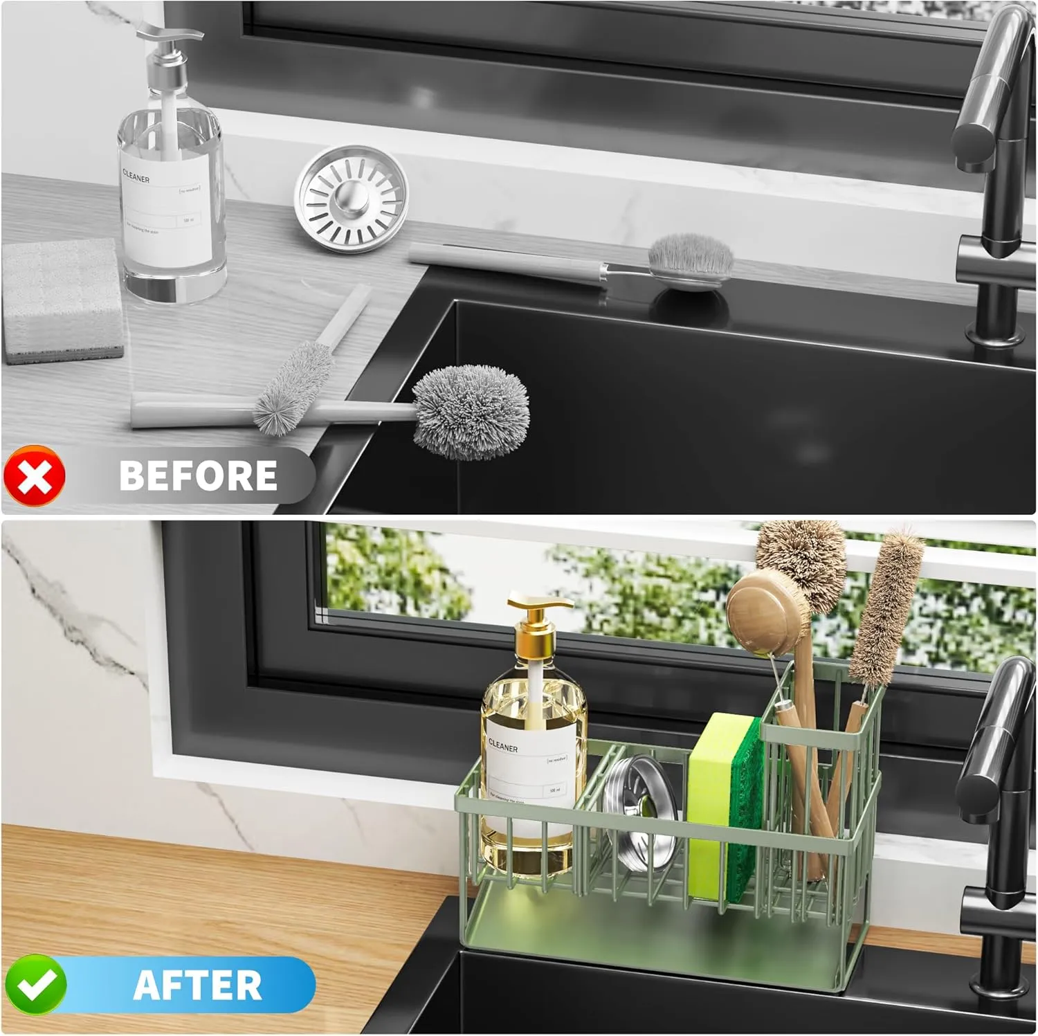 Cisily Kitchen Sink Caddy, Sponge Holder for Kitchen Sink, Kitchen Sink Organzier and Storage with High Brush Holder, 304 Stainless Kitchen Gadgets Sink Accessories, Organizadores de Cocina Sage Green