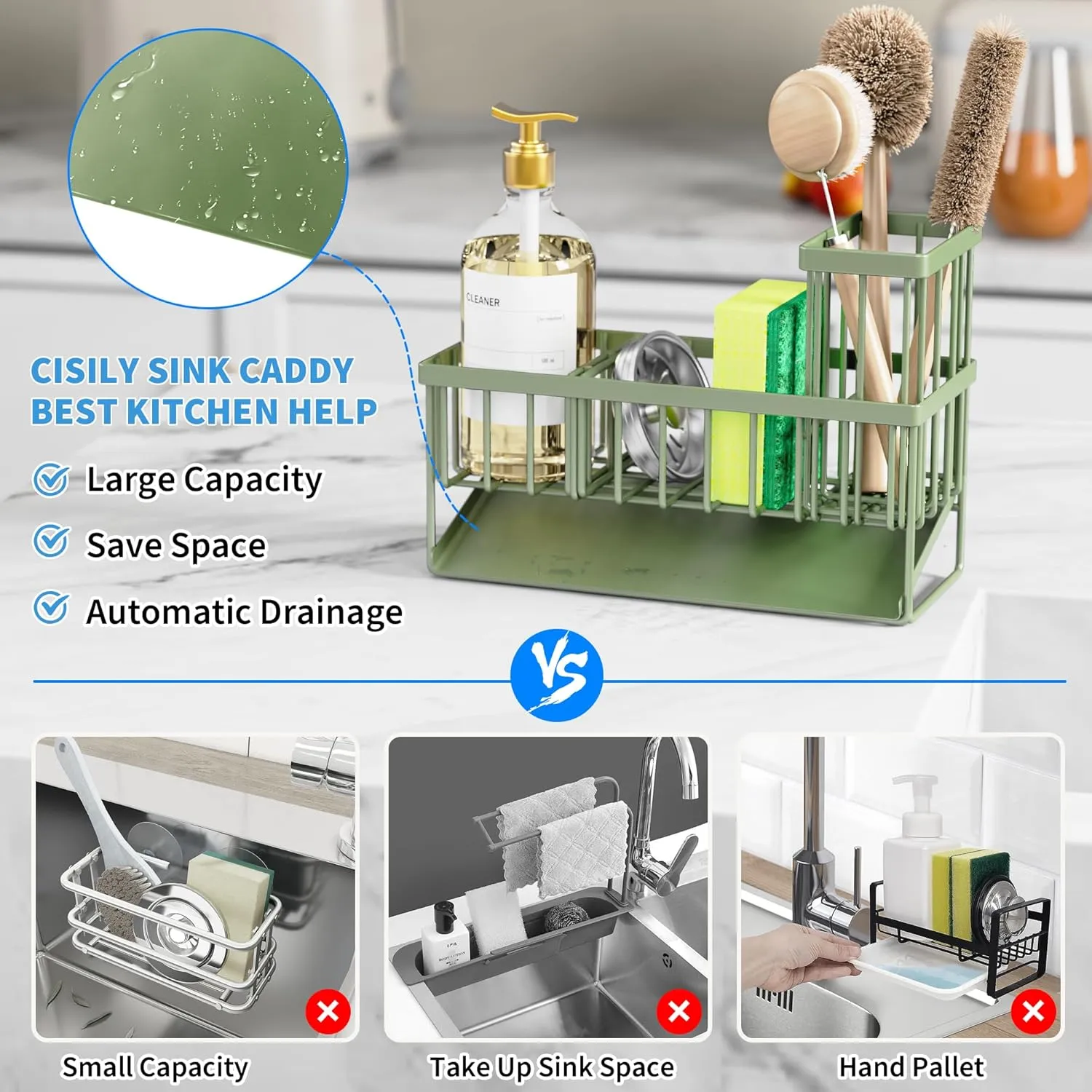 Cisily Kitchen Sink Caddy, Sponge Holder for Kitchen Sink, Kitchen Sink Organzier and Storage with High Brush Holder, 304 Stainless Kitchen Gadgets Sink Accessories, Organizadores de Cocina Sage Green