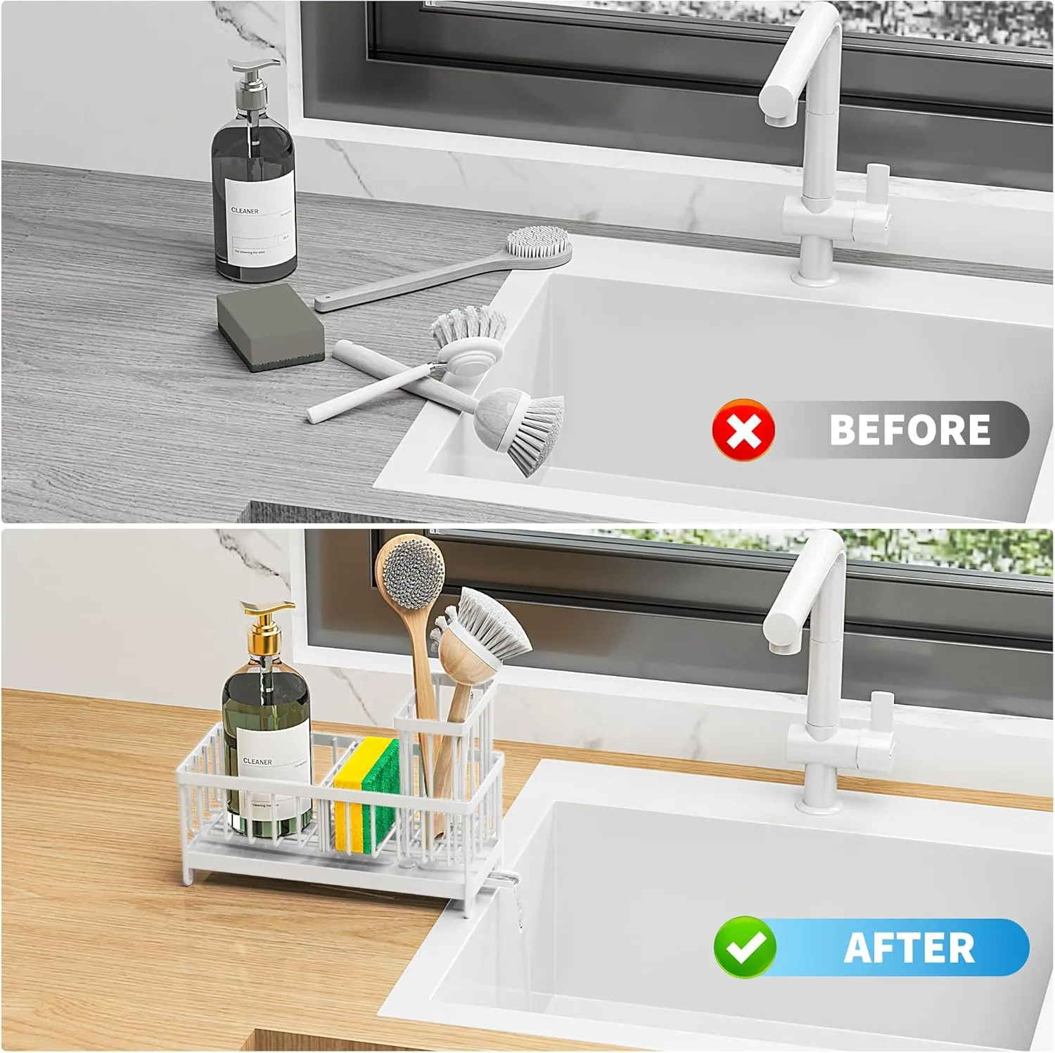 Cisily Sponge Holder for Kitchen Sink, Sink Caddy with High Brush Holder, Organzier Rustproof 304 Stainless Steel Dish Organizer Divider, Soap Dispenser Storage(White)