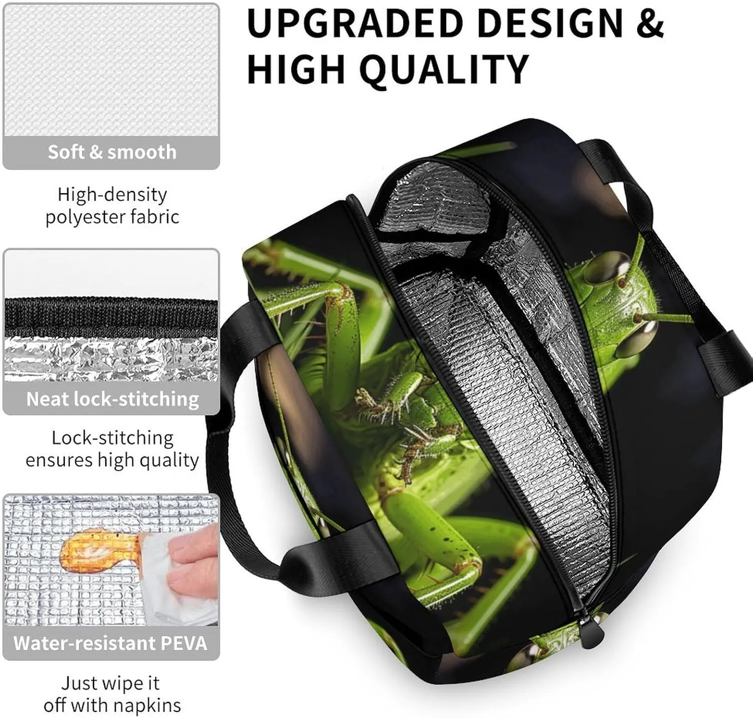 Classic Lunch Box for Men Women,Grasshopper on Grass Reusable Insulated Lunch Bag Cooler for Work Picnic Or Travel