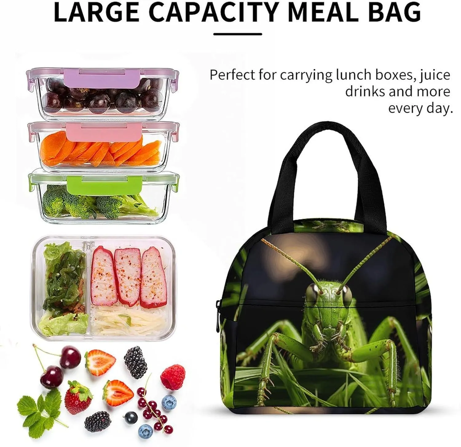 Classic Lunch Box for Men Women,Grasshopper on Grass Reusable Insulated Lunch Bag Cooler for Work Picnic Or Travel