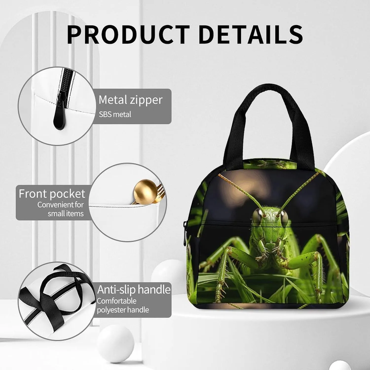 Classic Lunch Box for Men Women,Grasshopper on Grass Reusable Insulated Lunch Bag Cooler for Work Picnic Or Travel