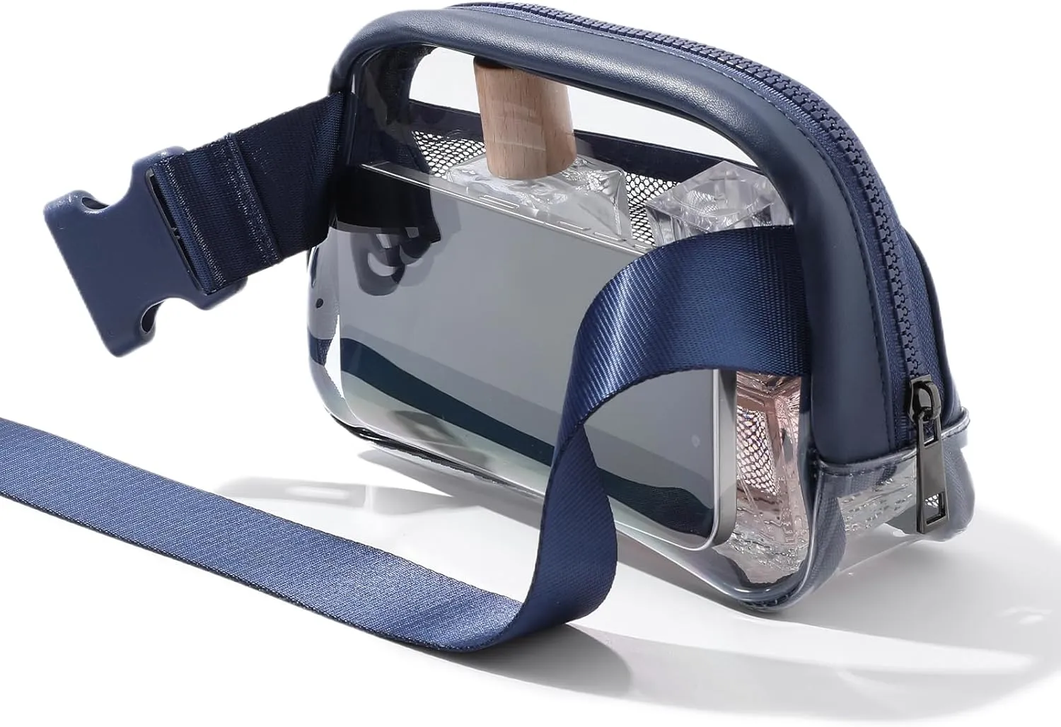 Clear Belt Bag Fanny Pack Stadium Approved, Small Leather Transparent Waist Bag with Adjustable Strap for Concerts Sports Events, Crossbody Purses for Men & Women (Blue)