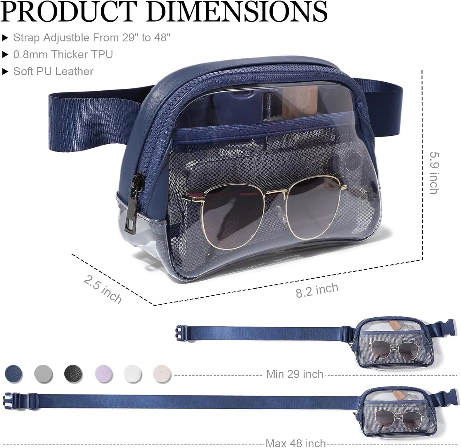 Clear Belt Bag Fanny Pack Stadium Approved, Small Leather Transparent Waist Bag with Adjustable Strap for Concerts Sports Events, Crossbody Purses for Men & Women (Blue)