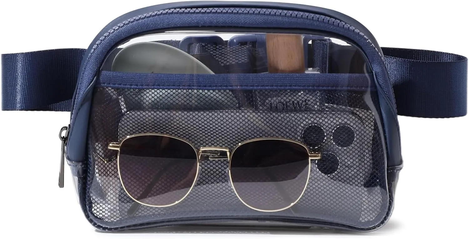 Clear Belt Bag Fanny Pack Stadium Approved, Small Leather Transparent Waist Bag with Adjustable Strap for Concerts Sports Events, Crossbody Purses for Men & Women (Blue)