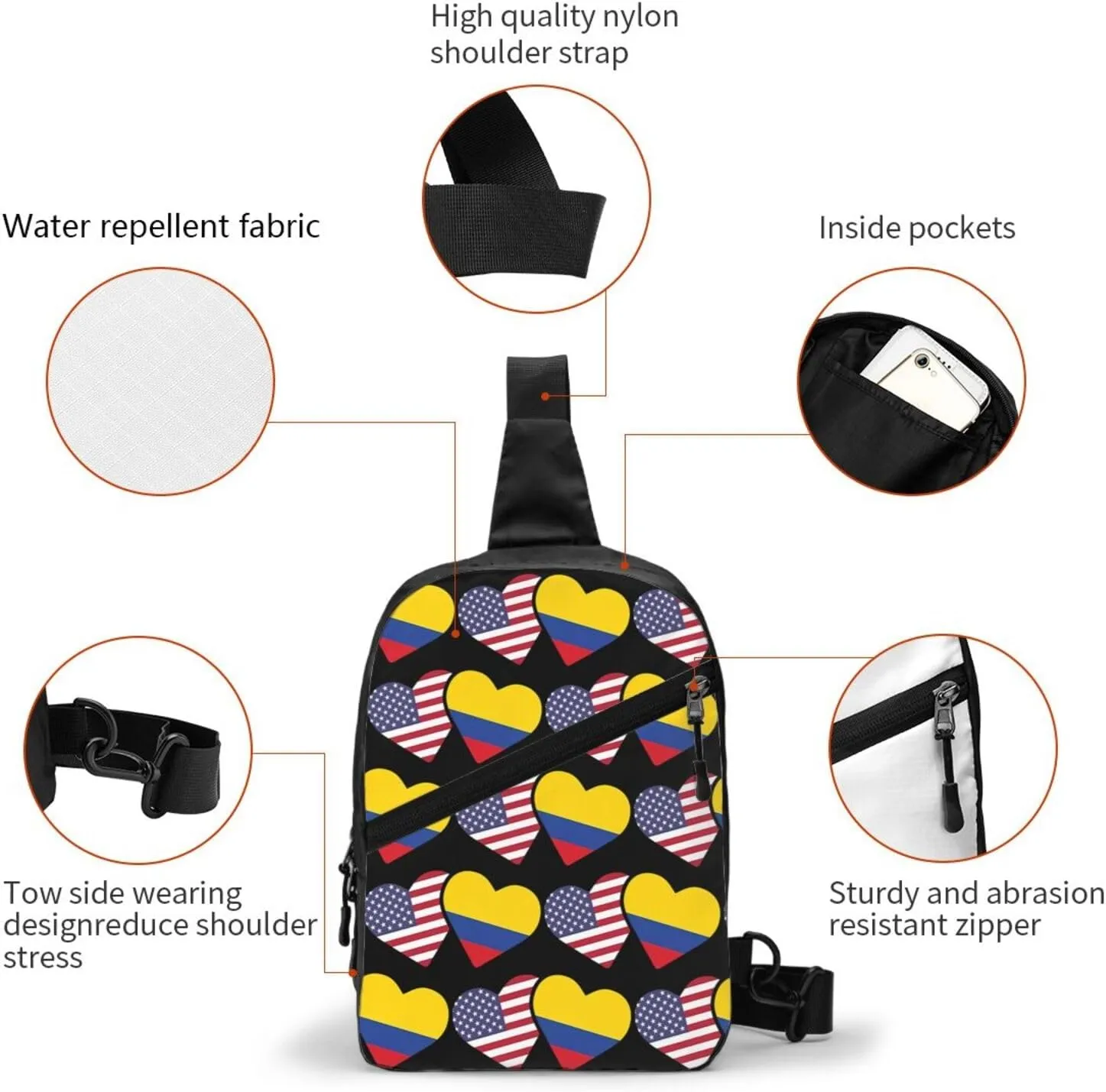 Colombia Flag Heart Colombian American Love Packable Crossbody Bag Portable Sling Bags Foldable Travel Daypack Reusable Sports Shoulder Backpack Diagonally Chest Bag for Workout