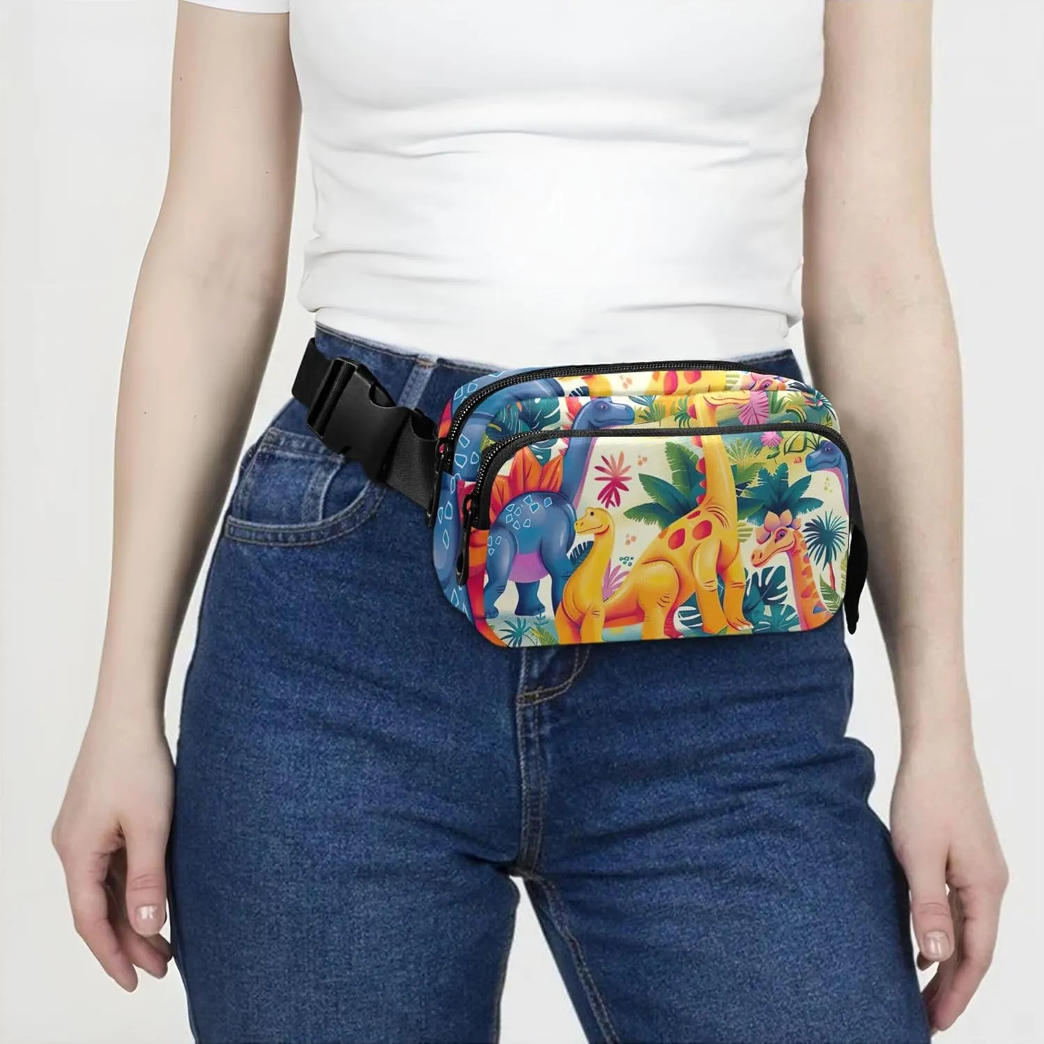 Colorful Dinosaur Jungle Fanny Packs for Women Waterproof Large Hip Belt Bag Cute Travel Waist Pack for Men