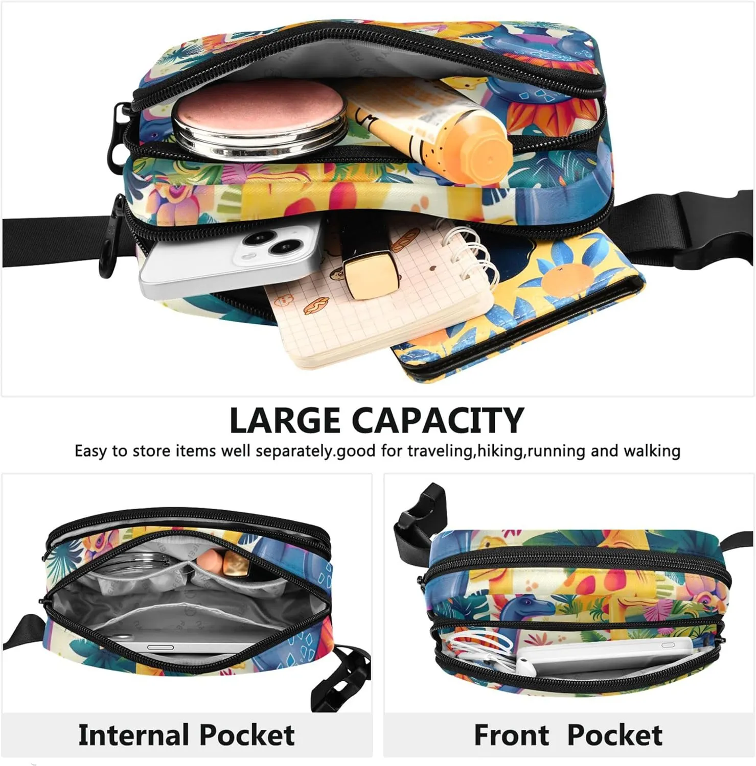 Colorful Dinosaur Jungle Fanny Packs for Women Waterproof Large Hip Belt Bag Cute Travel Waist Pack for Men