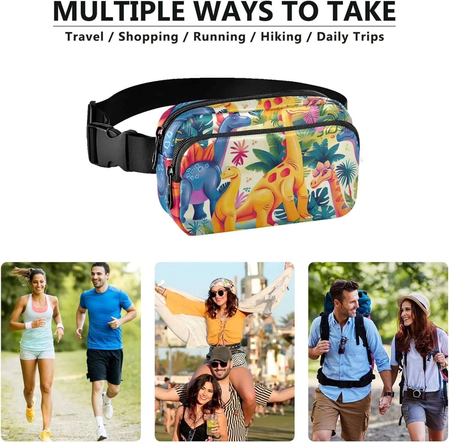 Colorful Dinosaur Jungle Fanny Packs for Women Waterproof Large Hip Belt Bag Cute Travel Waist Pack for Men
