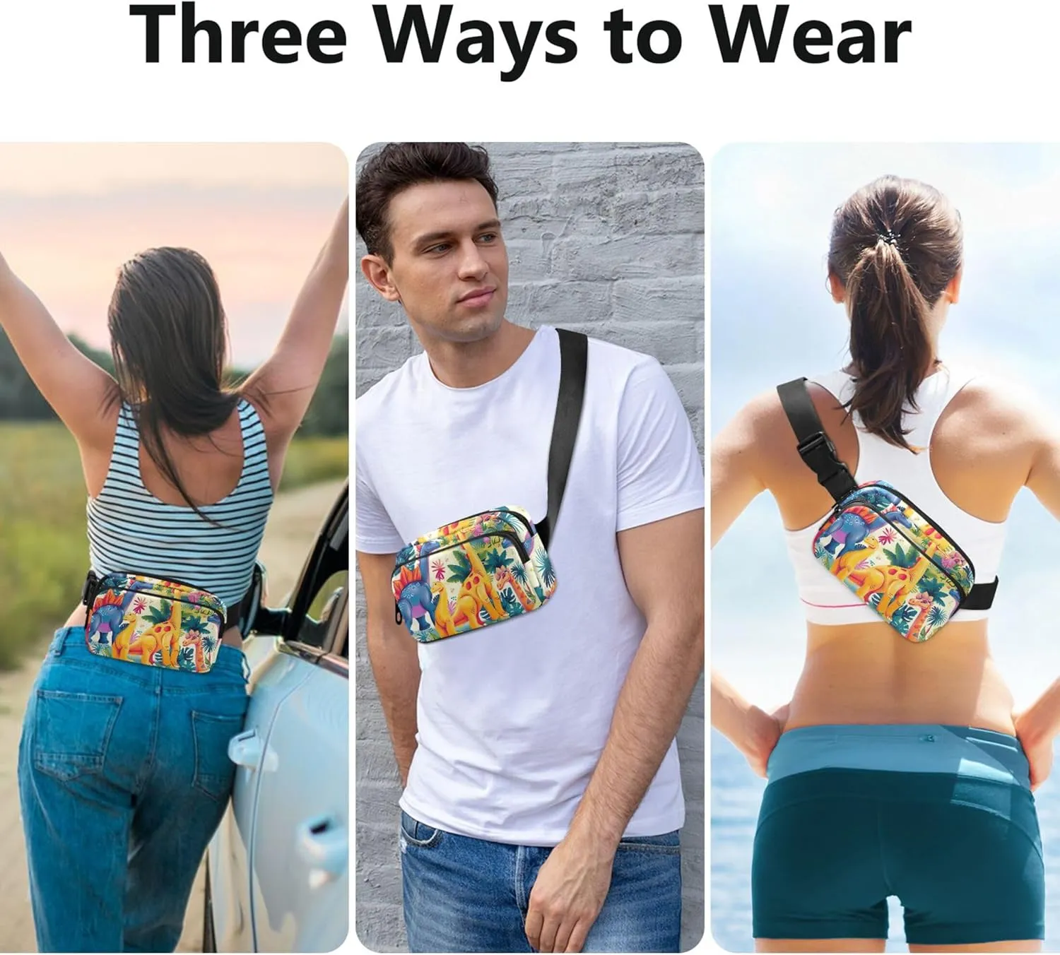 Colorful Dinosaur Jungle Fanny Packs for Women Waterproof Large Hip Belt Bag Cute Travel Waist Pack for Men