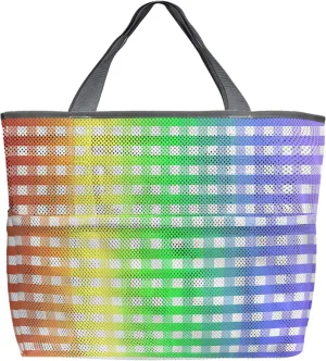 Colorful Plaid Beach Tote Bag for Women, Rustic Rainbow Color Ombre Checkered Mesh Beach Bags Waterproof Sandproof, Outdoor Picnic Swim Pool Handbag - Large Beach Bag with Zipper and Pockets