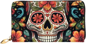Colorful Sugar Skull Leather Wallets For Women Waterproof Zip Around Clutch Purses Large Credit Card Holder With Phone Holder Ladies Travel Coin Purse