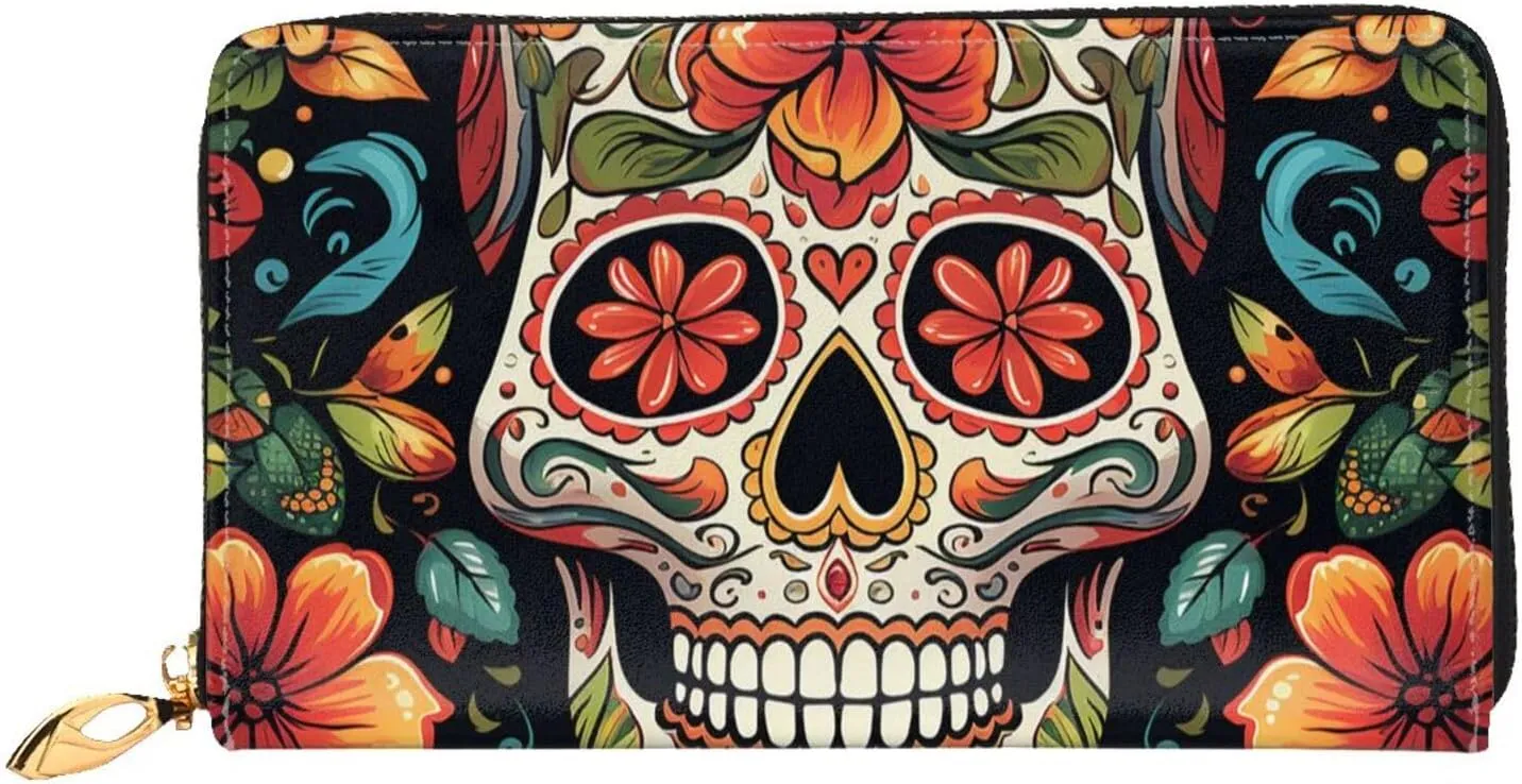 Colorful Sugar Skull Leather Wallets For Women Waterproof Zip Around Clutch Purses Large Credit Card Holder With Phone Holder Ladies Travel Coin Purse