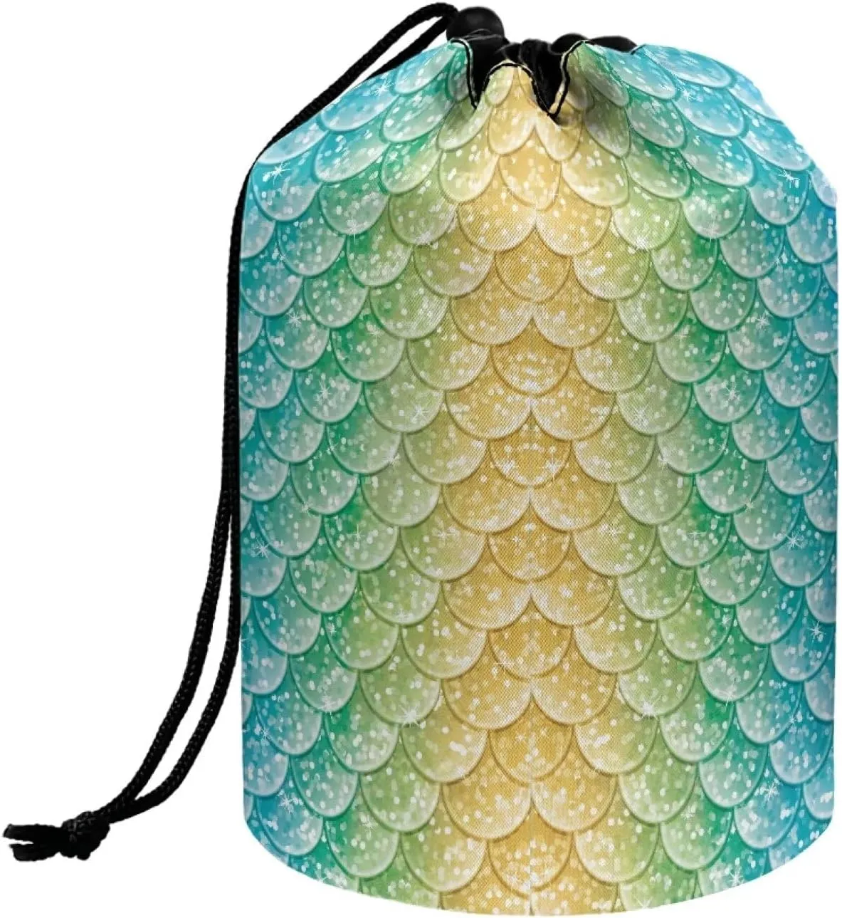 Coloured fish scales drawstring makeup bag opens flat makeup travel organizer barrel drawstring makeup bag collapsible makeup bag portable makeup bag round travel cosmetic bag travel bag