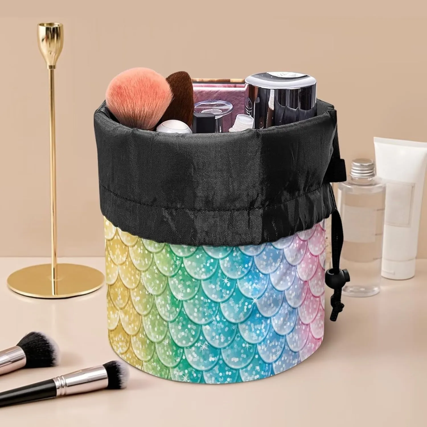 Coloured fish scales drawstring makeup bag opens flat makeup travel organizer barrel drawstring makeup bag collapsible makeup bag portable makeup bag round travel cosmetic bag travel bag