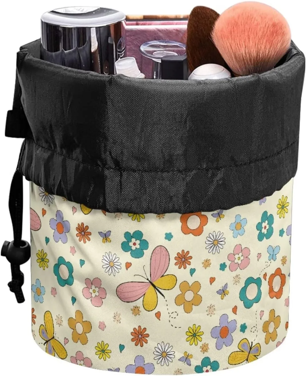 Colourful little flowers drawstring makeup bag opens flat makeup travel organizer barrel drawstring makeup bag collapsible makeup bag portable makeup bag round travel cosmetic bag travel bag