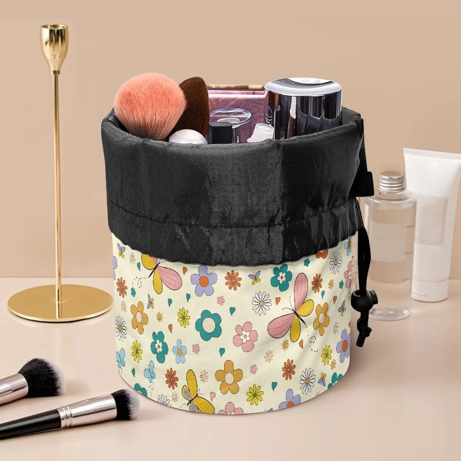 Colourful little flowers drawstring makeup bag opens flat makeup travel organizer barrel drawstring makeup bag collapsible makeup bag portable makeup bag round travel cosmetic bag travel bag