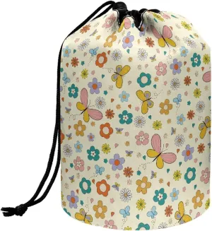 Colourful little flowers drawstring makeup bag opens flat makeup travel organizer barrel drawstring makeup bag collapsible makeup bag portable makeup bag round travel cosmetic bag travel bag