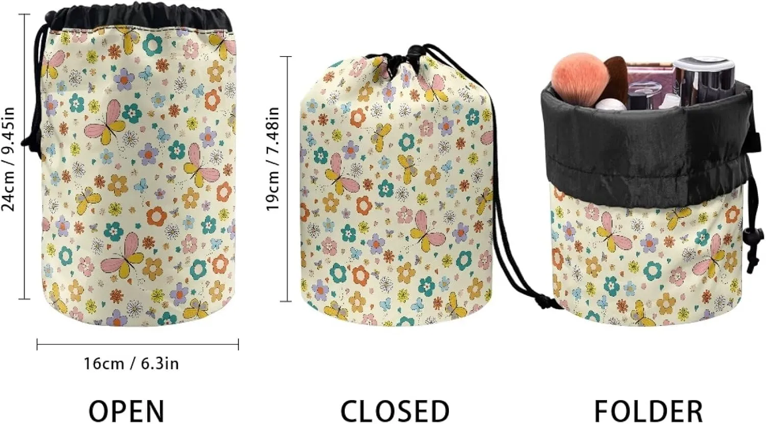 Colourful little flowers drawstring makeup bag opens flat makeup travel organizer barrel drawstring makeup bag collapsible makeup bag portable makeup bag round travel cosmetic bag travel bag