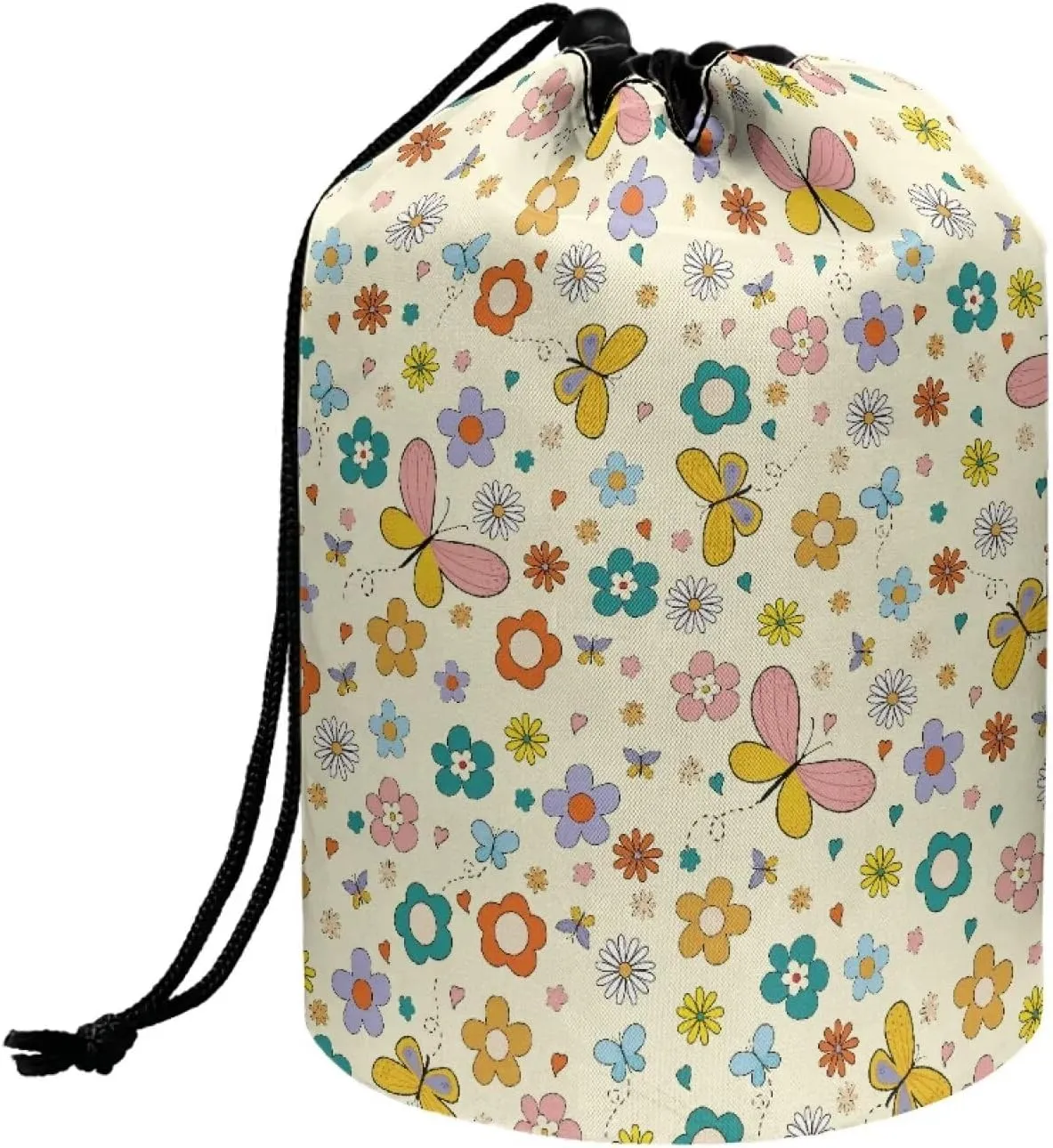 Colourful little flowers drawstring makeup bag opens flat makeup travel organizer barrel drawstring makeup bag collapsible makeup bag portable makeup bag round travel cosmetic bag travel bag