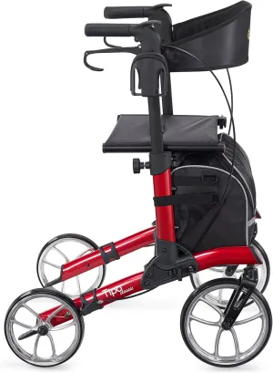 Comodità Tipo Classic Compact Rollator Walker with Seat, Wheeled Folding Rolling Walker for Adults and Seniors, with Cup Holder, Cane Holder and Shopping Bag, Large 10" Front Wheels, Metallic Red