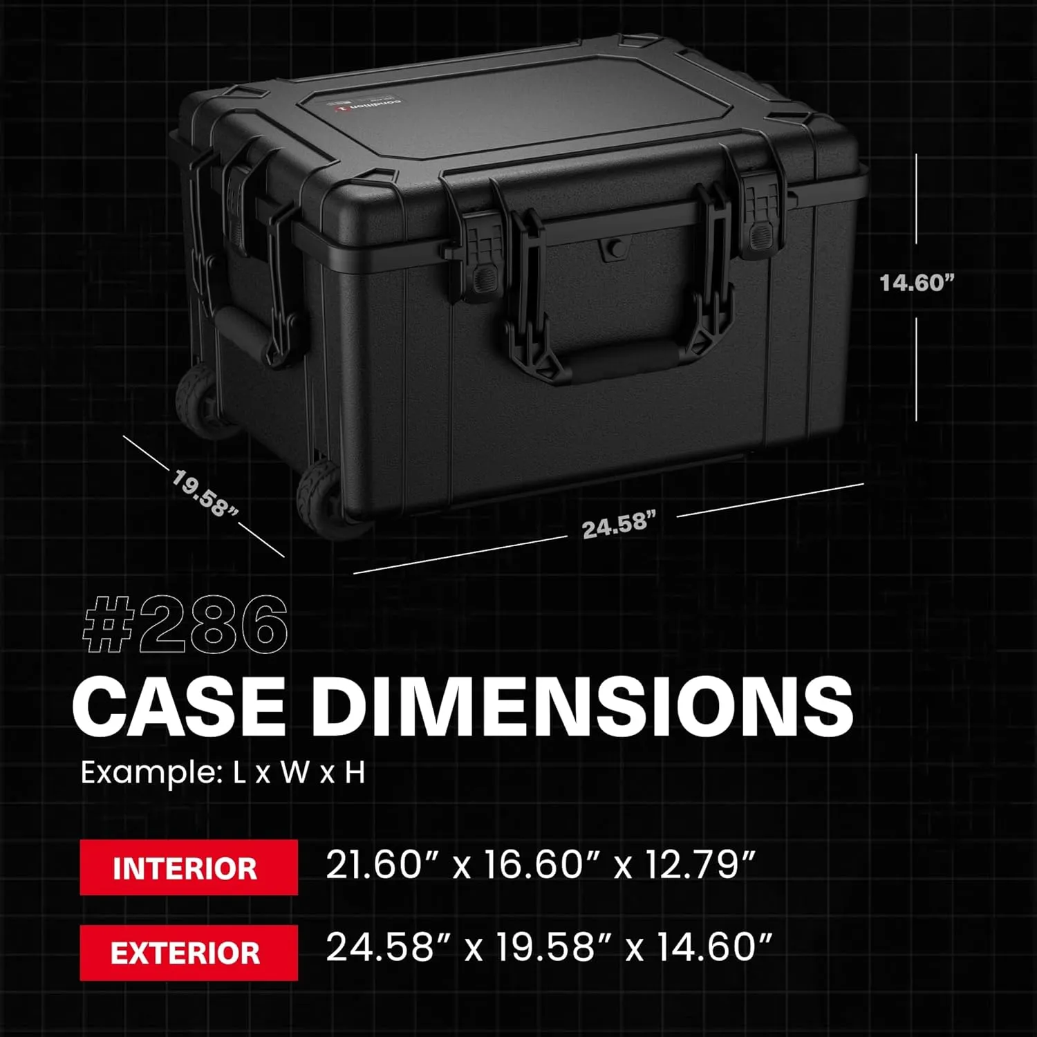 Condition 1 25" Large Rolling Hard Travel Storage Case Model 286 with Wheels and Handle, Waterproof TSA Friendly, Made in USA, 24.58"x19.58"x14.60" Black