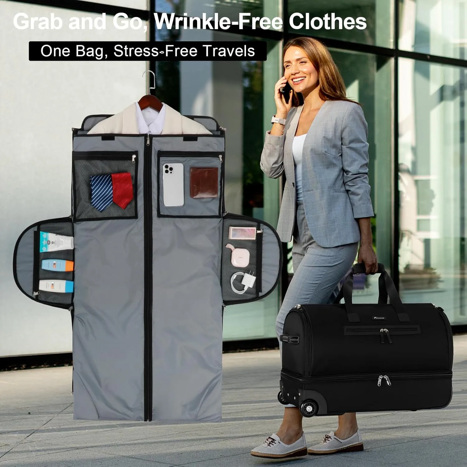 Convertible Rolling Garment Bag for Travel, Suit Travel Bag with Trolley, Garment Duffel Bag with Wheels & Shoes Compartment for Business Trip, Weekender,Black