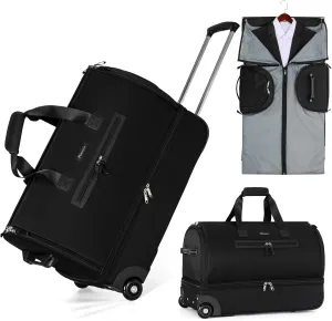 Convertible Rolling Garment Bag for Travel, Suit Travel Bag with Trolley, Garment Duffel Bag with Wheels & Shoes Compartment for Business Trip, Weekender,Black