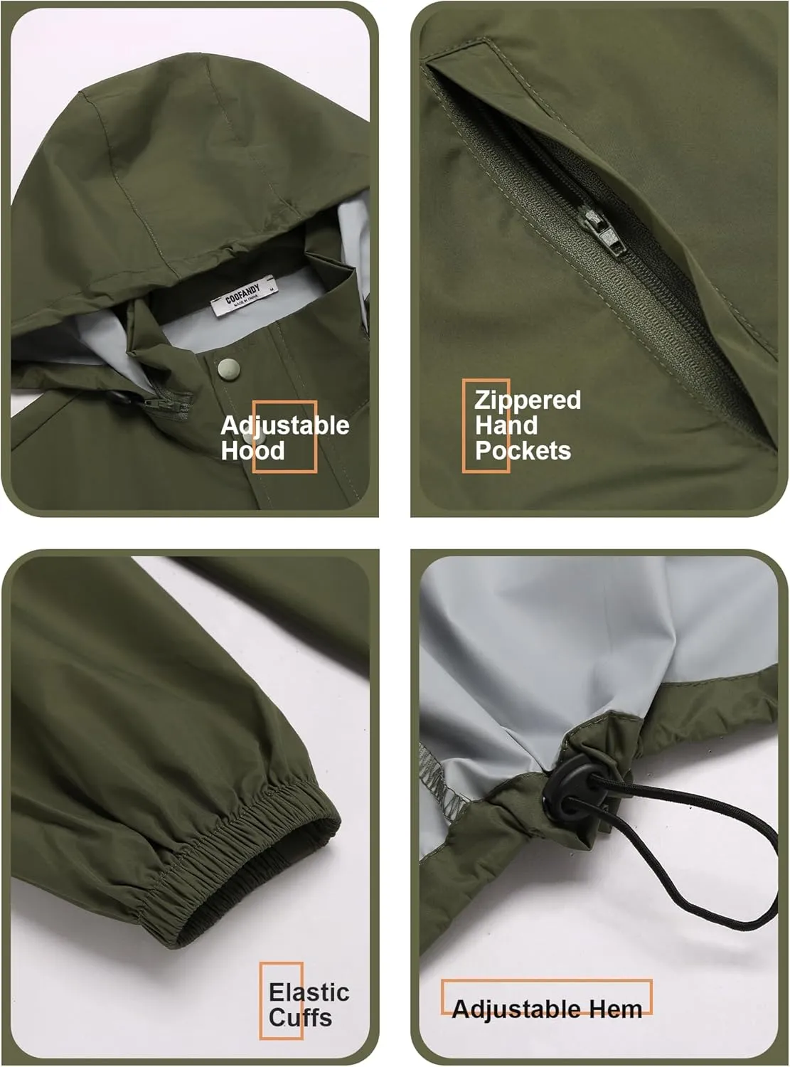 COOFANDY Men's Rain Jacket Waterproof Packable Raincoat Lightweight Rain Shell Hood Travel Golf Hiking Cycling Zip Pockets
