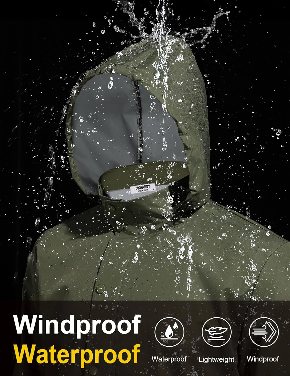 COOFANDY Men's Rain Jacket Waterproof Packable Raincoat Lightweight Rain Shell Hood Travel Golf Hiking Cycling Zip Pockets