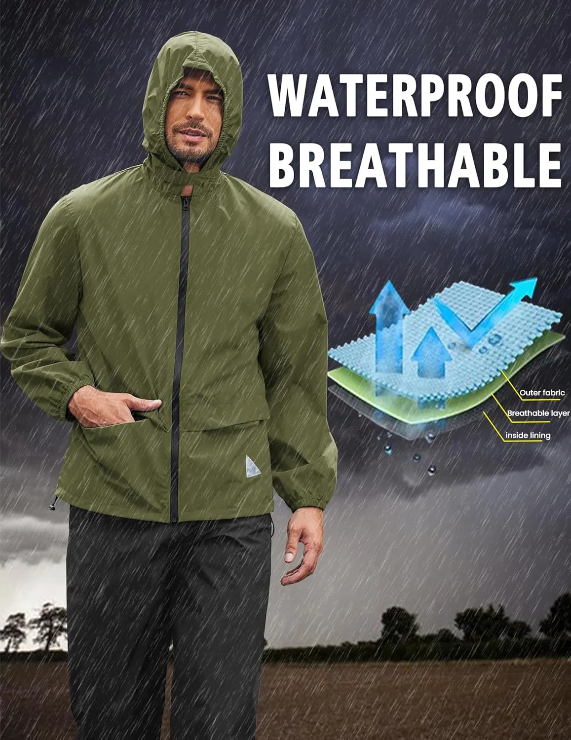 COOFANDY Men's Rain Suit 2 Piece Waterproof Breathable Rain Gear Lightweight Rain Jacket Pants Rainwear Suit
