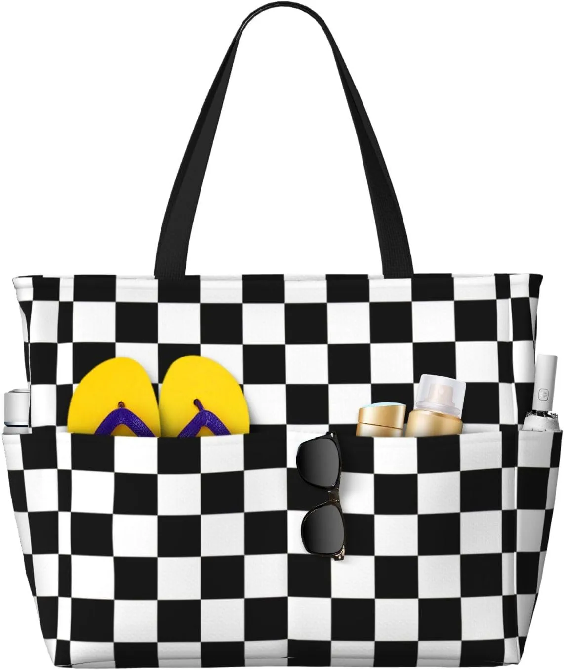 Cool Black And White Checkered Flag1 Beach Bag Women Tote Bag Pool Bag With Zipper For Gym Grocery Travel With Wet Pocket