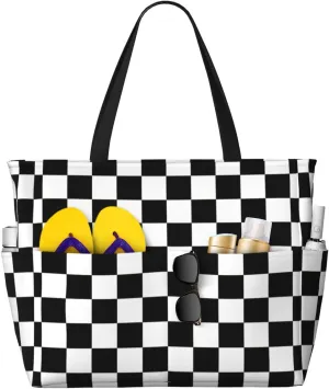 Cool Black And White Checkered Flag1 Beach Bag Women Tote Bag Pool Bag With Zipper For Gym Grocery Travel With Wet Pocket