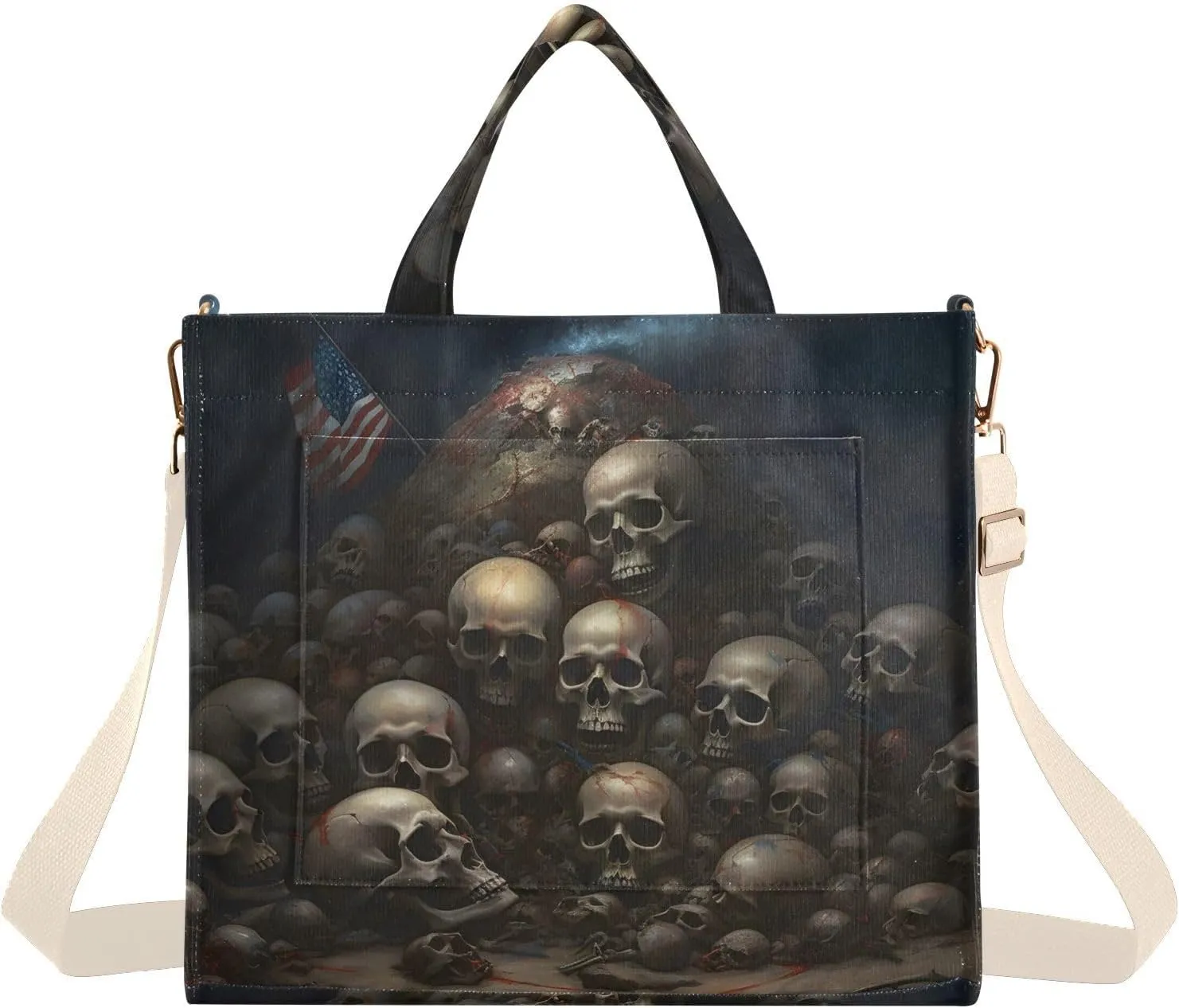 Corduroy Tote Bag for Women American Skull Pile Print, Handbag Purses with Detachable Strap Size Small